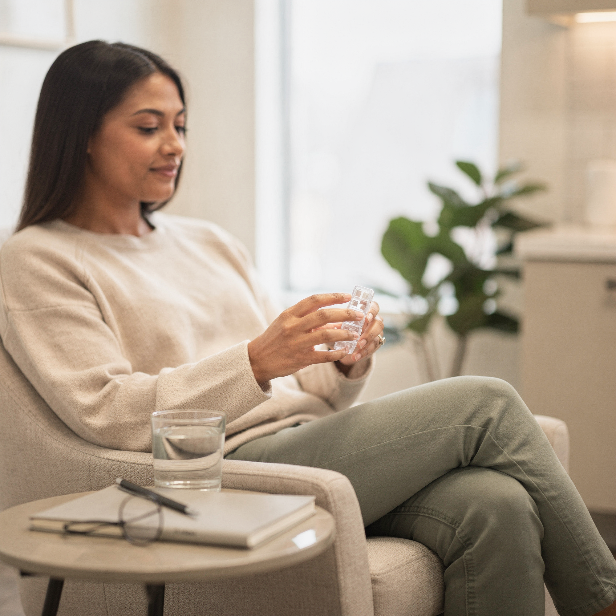 Woman holding medication in a clinic waiting area with a water glass nearby